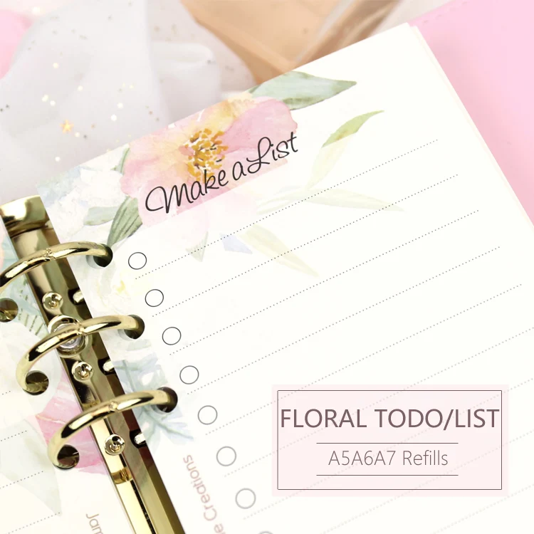 

MyPretties Floral LIST TODO Refill Papers A5 A6 A7 Notebook Papers for 6 Hole Binder Organizer Notebook 40 Sheets Filler Papers