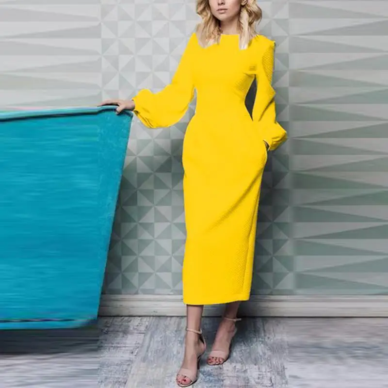 Achat Robe de bureau élégante jaune été 2019 nouvelles femmes à manches longues tenue décontractée dames poches rose Slim tunique longues robes pour les femmes
