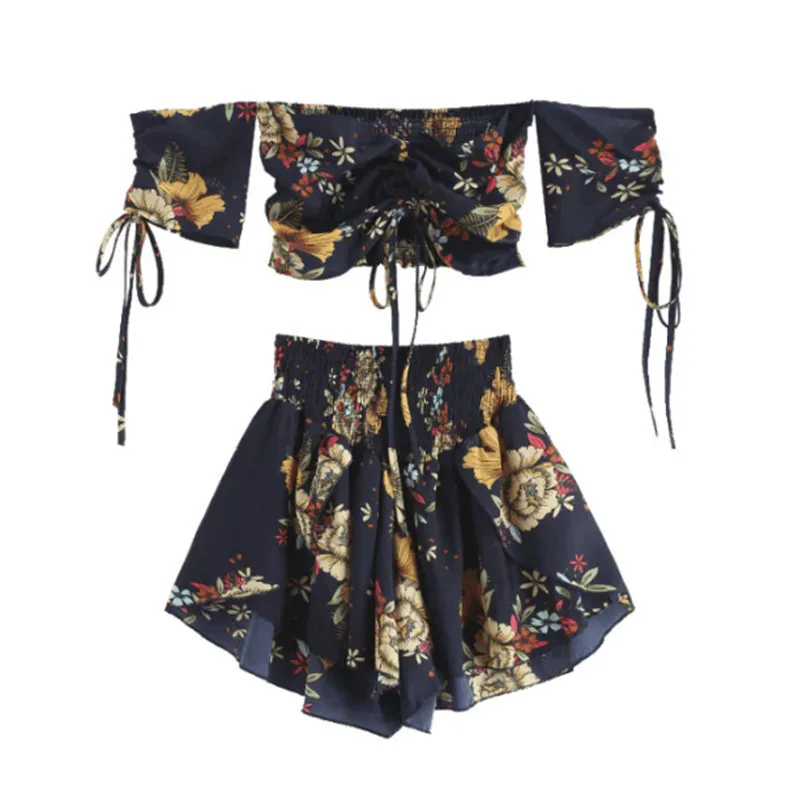 قبالة الكتف Cinched الأزهار المرأة مجموعة الصيف مائل الرقبة قصيرة الأكمام المحاصيل أعلى عالية الخصر السراويل مجموعة شاطئ بوهو الدعاوى 5 اللون