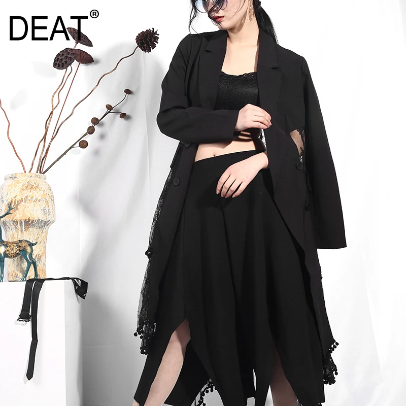 

DEAT 2020 New Spring Lapel Long Sleeve Black Irregular Hem Lace Split Joint Loose Windbreaker Women Trench Fashion Tide JO569
