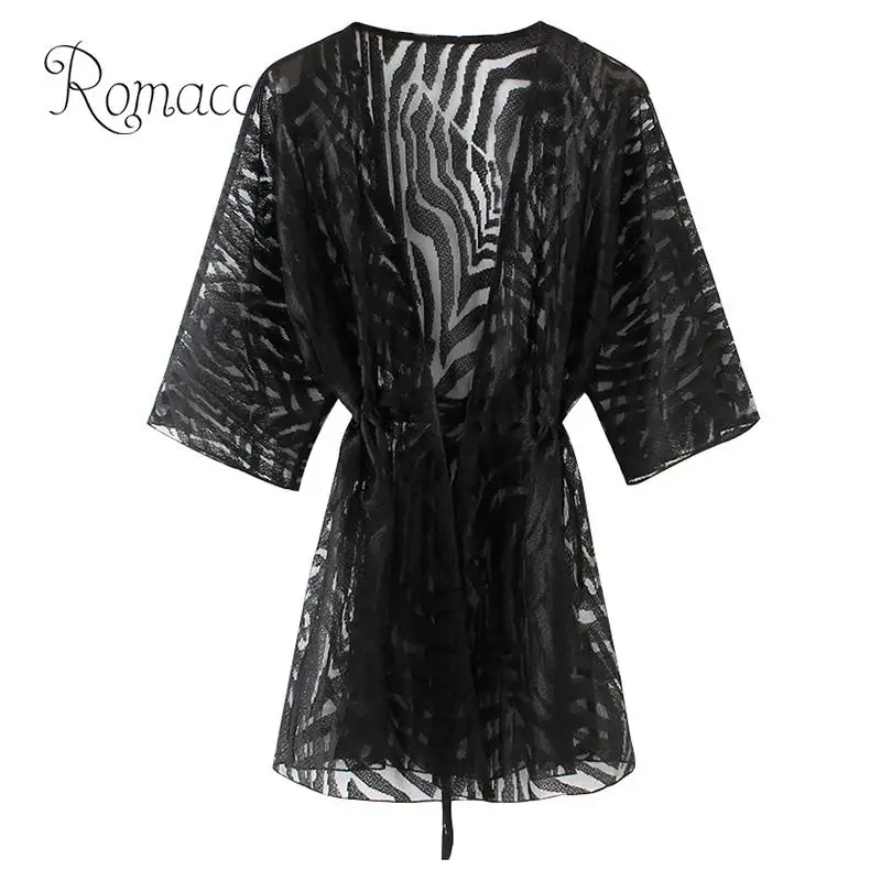 

Romacci Semi Sheer tunics for beach New Women Kimono Cardigan Solid Open Front Boho Loose Outerwear Beach Bikini Cover Up Black