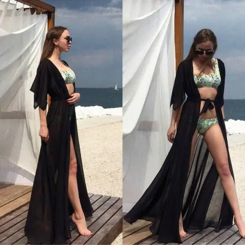 

2019 Fashion New Women Swimsuit Bikini Cover Up Sexy Beach Cover Ups Elegant Solid Summer Chiffon Long Dress tunic kaftan