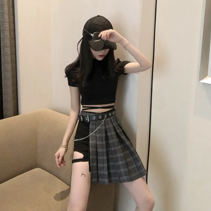 Harajuku панк стиль плед асимметричные юбки для женщин Асимметричная с высокой талией юбки плиссированные девушки юбки в готическом стиле