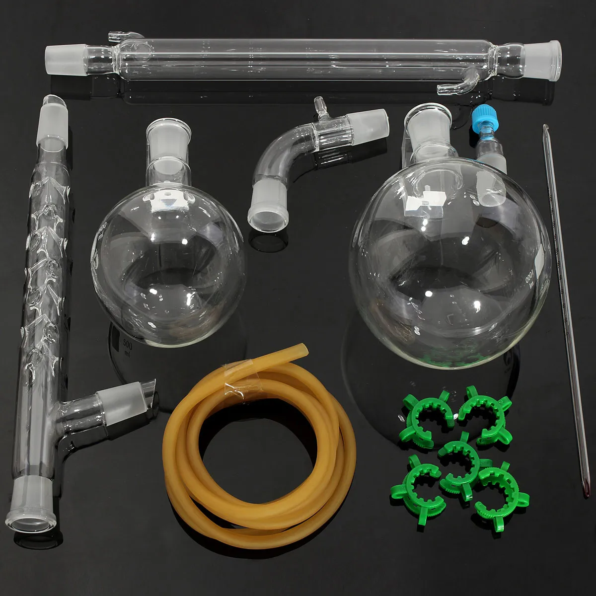 5pcs New 500ML Lab Essential Oil Distillation Apparatus Glass Distillation Apparatus Chemistry Glassware Set with Condenser Flask for Home Industrial Science Teaching