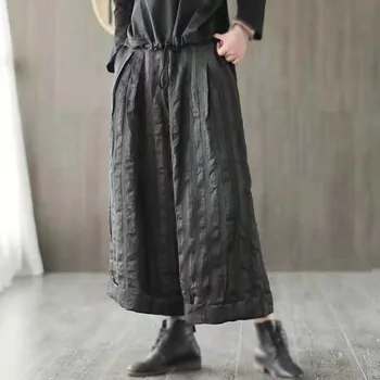 

Casual Linen Women Striped Pants 2019 Summer Retro Female Pants Mid Loose Elastic Waist Wide Leg Pants