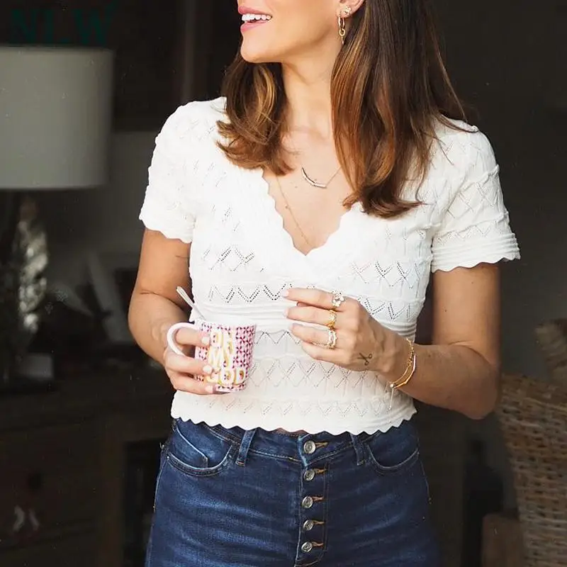 

NLW Women Summer Short Sleeves Slim Pullover Sexy V Neck Women Crop Tops 2019 New Girl Crochet Fashion Hollow Out Sweater