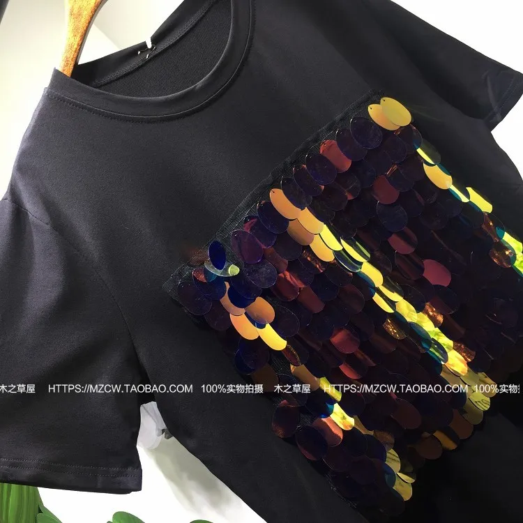 QING MO платье футболка с блестками женское из кусков 2019 летнее черное коротким