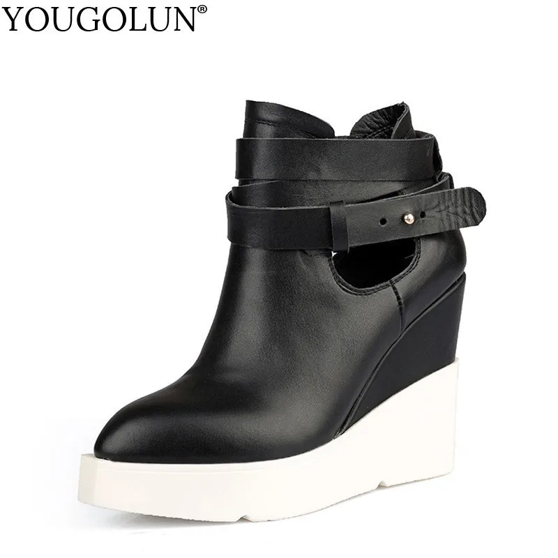 

YOUGOLUN Genuine Leather Women Wedges Ankle Boots Fall Winter Ladies Buckle High Heels Woman Black Pointed Toe Riding Boots B275