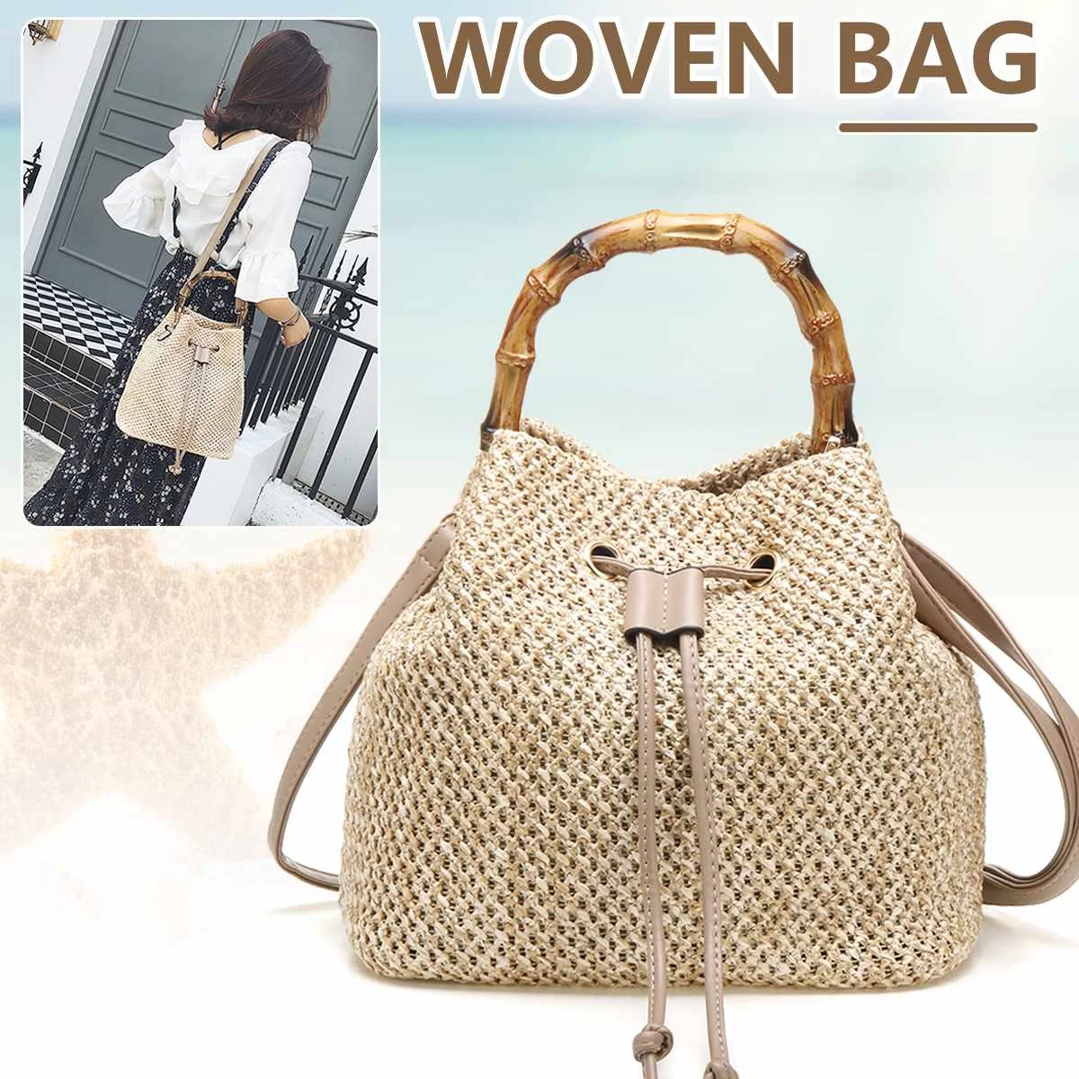 

2019 NEW Fashion Casual Woven Beach Bag Bamboo Handle Drawstring Bucket Bag Summer Girl Shoulder Travel Beach Straw Handbags