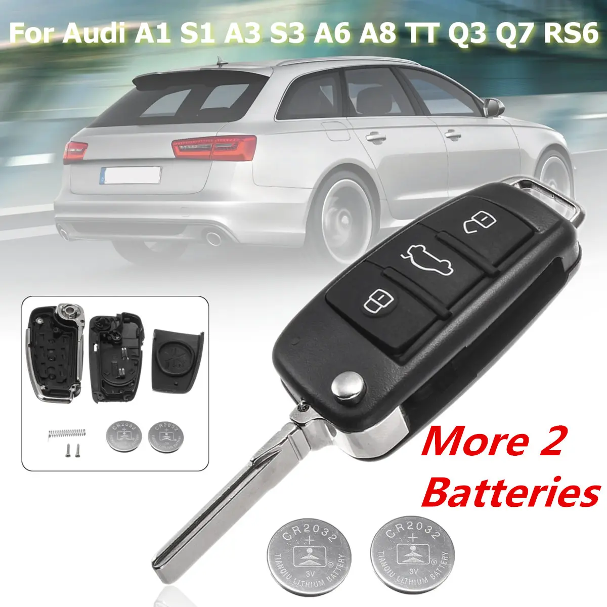3 Buttons Flip Car Remote Key Fob With 2 Batteries And Blade Case Shell