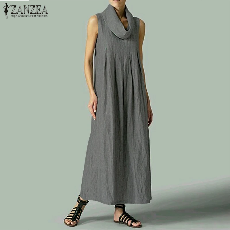 

Fashion ZANZEA 2019 Summer Sleeveless Party Dress Women Casual Solid Loose Long Shirt Kaftan Vintage Turtleneck Vest Vestidos