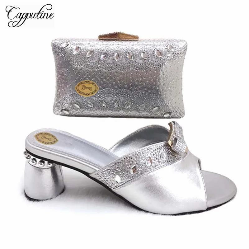 

High Quality PU Leather And Crystal Shoes And Purse Set Italian Style Rhinestone Pumps Shoes And Woman Bag Set For Party TX-399