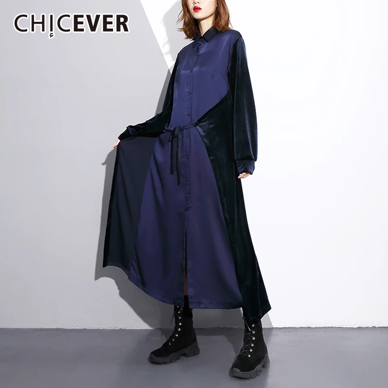 CHICEVER лоскутное вельветовое платье женский с лацканами длинным рукавом кружево