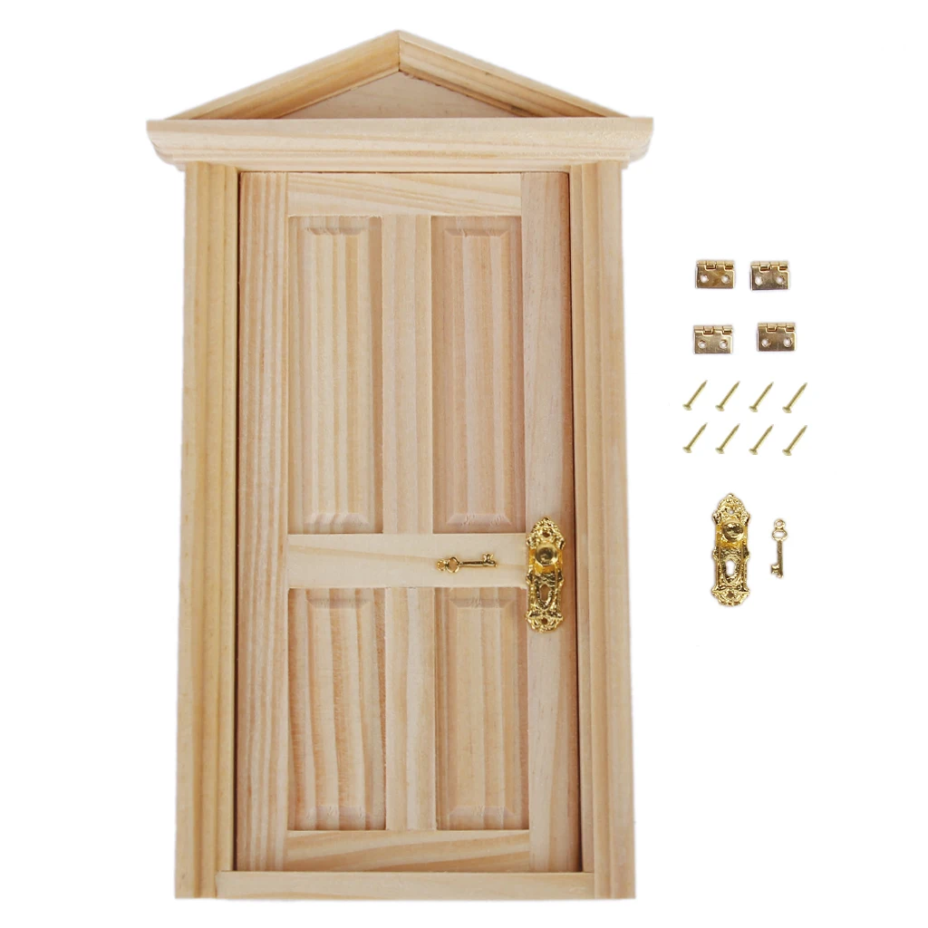 

1/12 Scale Dollhouse Door with Parts Miniature 4 Panel Wooden Exterior Door Steepletop Design Furniture Funny Toys Acc