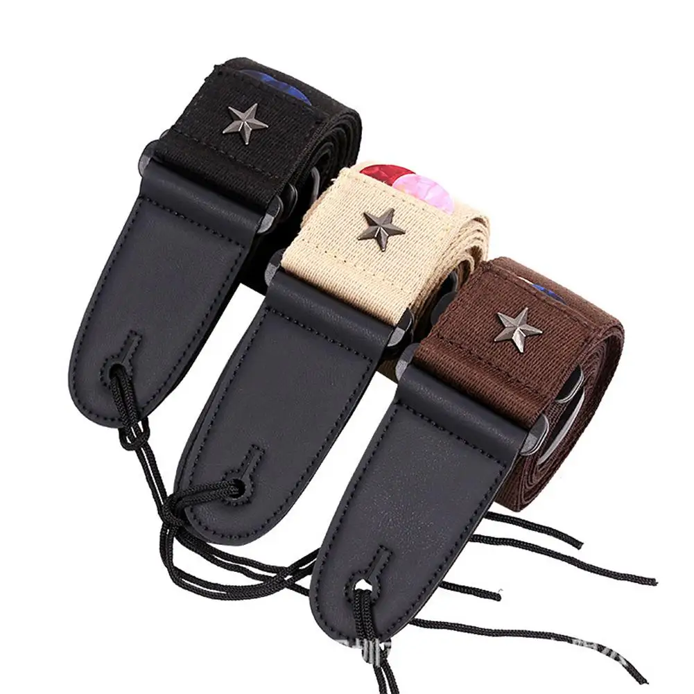 

Mounchain Guitar Strap Acoustic Folk Guitarra Straps Cotton Leather Head Pentagram Guitar Straps with Pick Pocket Accessories
