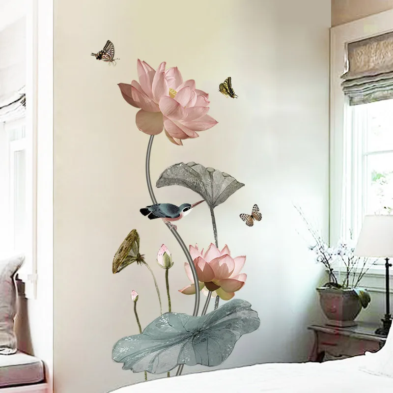 Китайский стиль цветок лотоса виниловые настенные наклейки в винтажном стиле плакат Ванная комната Спальня наклейки для домашнего декора Stikers Фреска для украшения дома