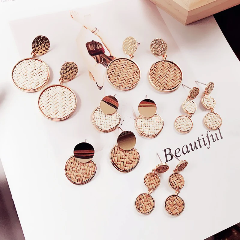 

Geometric Allergy Free Wooden Straw Weave High Quality 2018 New Arrival Long Drop Earring 1Pair Gifts Korea Handmade 6 Models