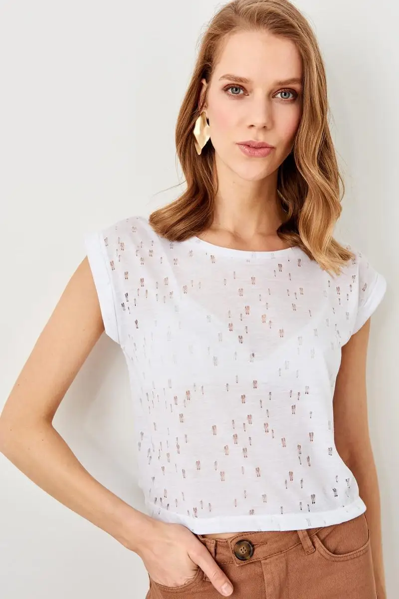 Trendyol белый заливщик Detaylı срезанный вязаный футболка TWOSS19FV0159 | Женская одежда