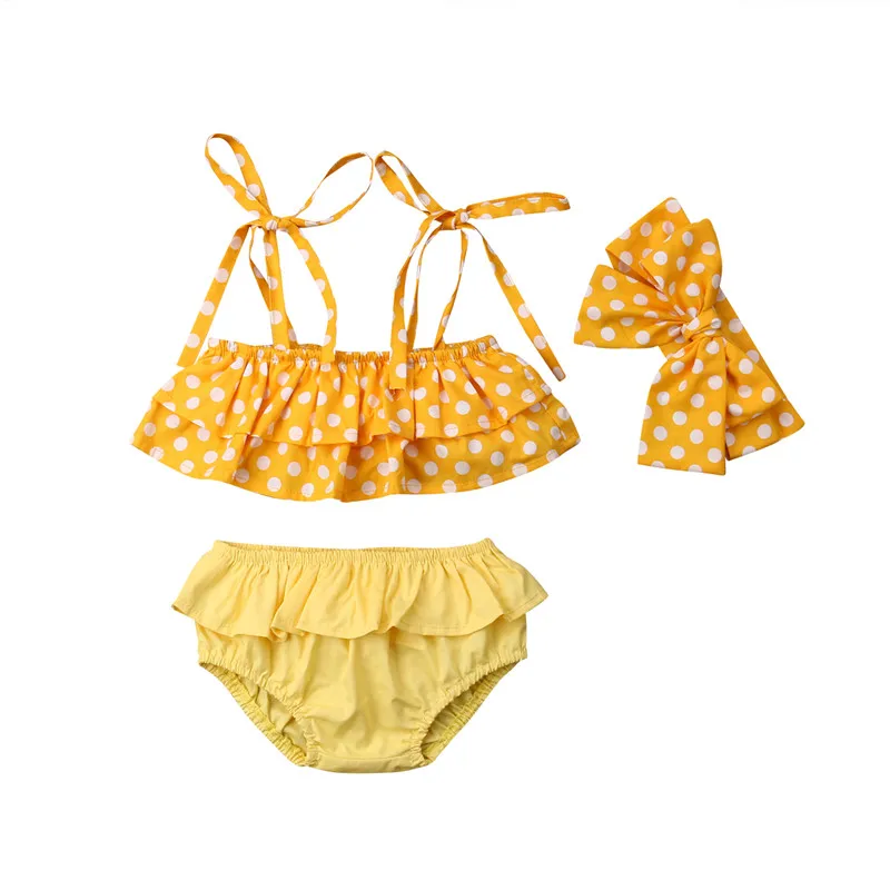 

1-6T 3pcs Toddler Yellow Dot Swimsuits Baby Girls Kids Swimwear Girls Beachwear Bathing Suit Hairband Tankini Bikini Sets 2019