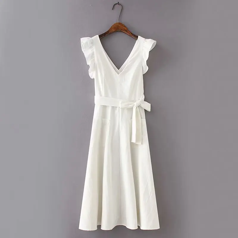 Billig 2019 sommer Baumwolle und Leinen Weiß Maxi Kleid mit Taschen Frauen Zurück Aushöhlen Gürtel Rüschen Tank Kleid Sexy V ausschnitt vestidos