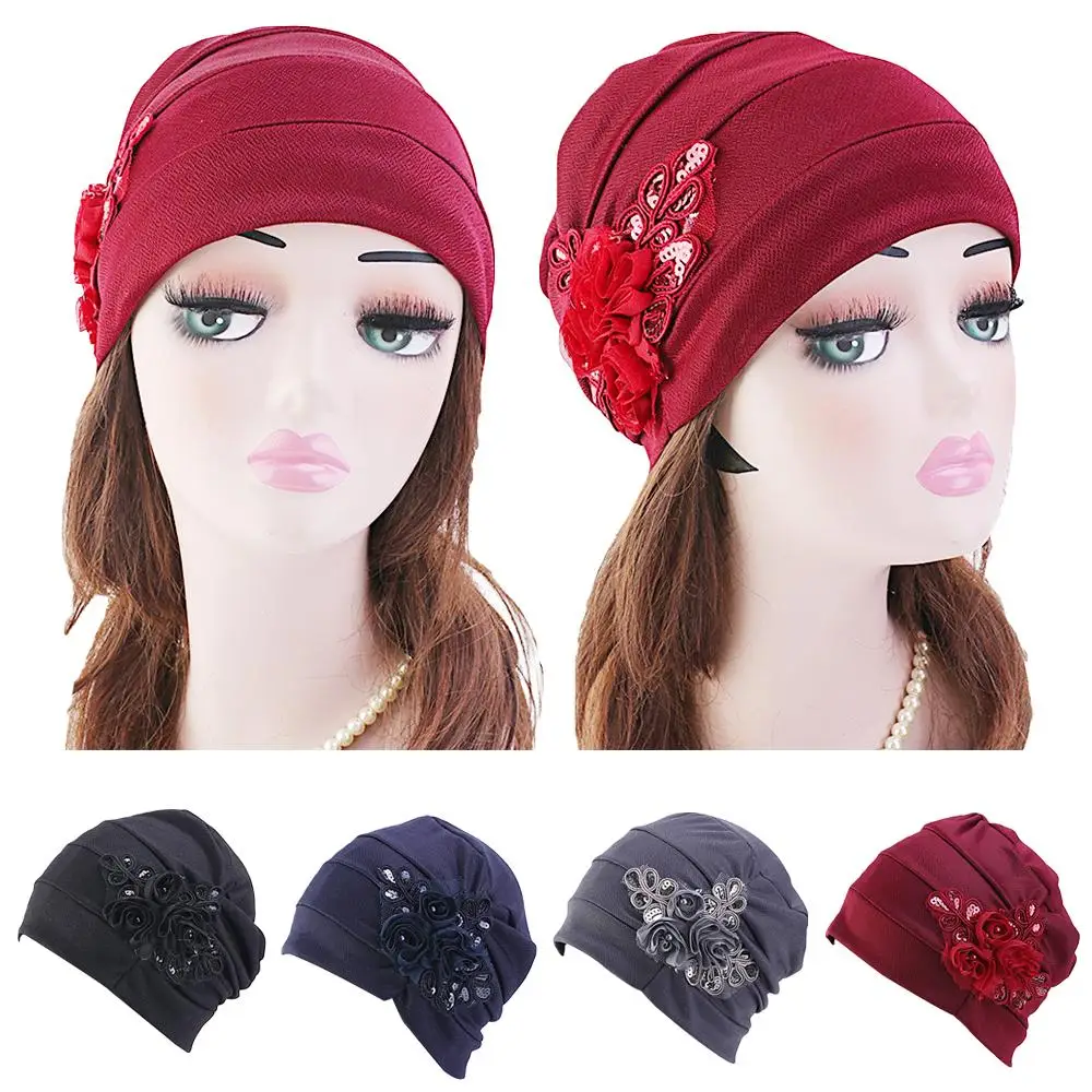 

Unique Design Flower Hair Loss Head Scarf Wrap Women's Hat Muslim Stretch Turban Hat Bonnet Femme Balaclava Flower Bonnet Femme