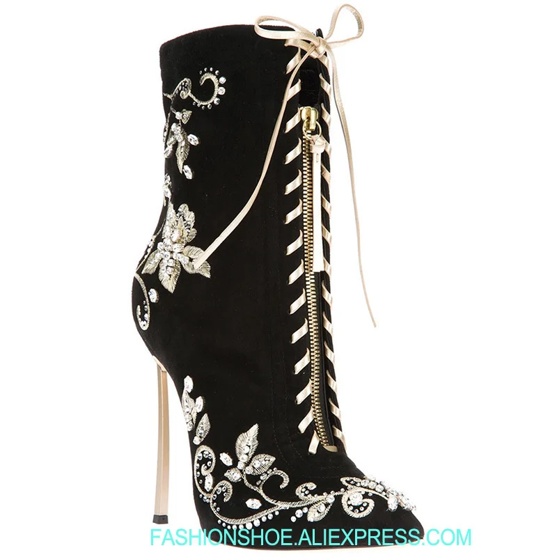 

Brand Black Suede Mid Ankle Boots Cross Lace Embroidery Flower Women's Shoes Flock Stiletto High Heels Designer Rhinestone Botas