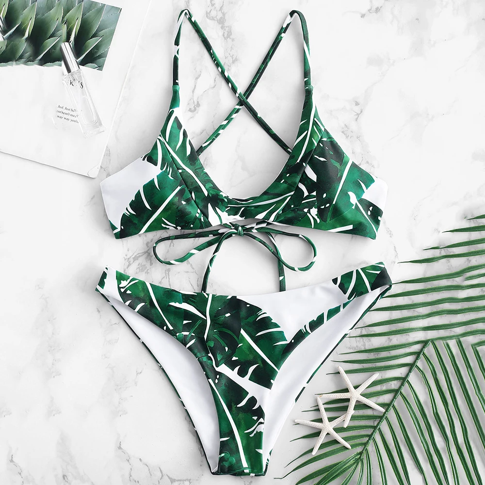 

ZAFUL Palm Leaf Crisscross High Rise Bikini Set Lace-Up Triangle Bikini With Pad Summer Women Swimsuit Biqinis Beachwear