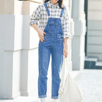 

Women 2019 New Adjustable Strap Denim Jumpsuit Korean Fashion Blue Pockets Jean Jumpsuits Solid Casual Loose Long Rompers
