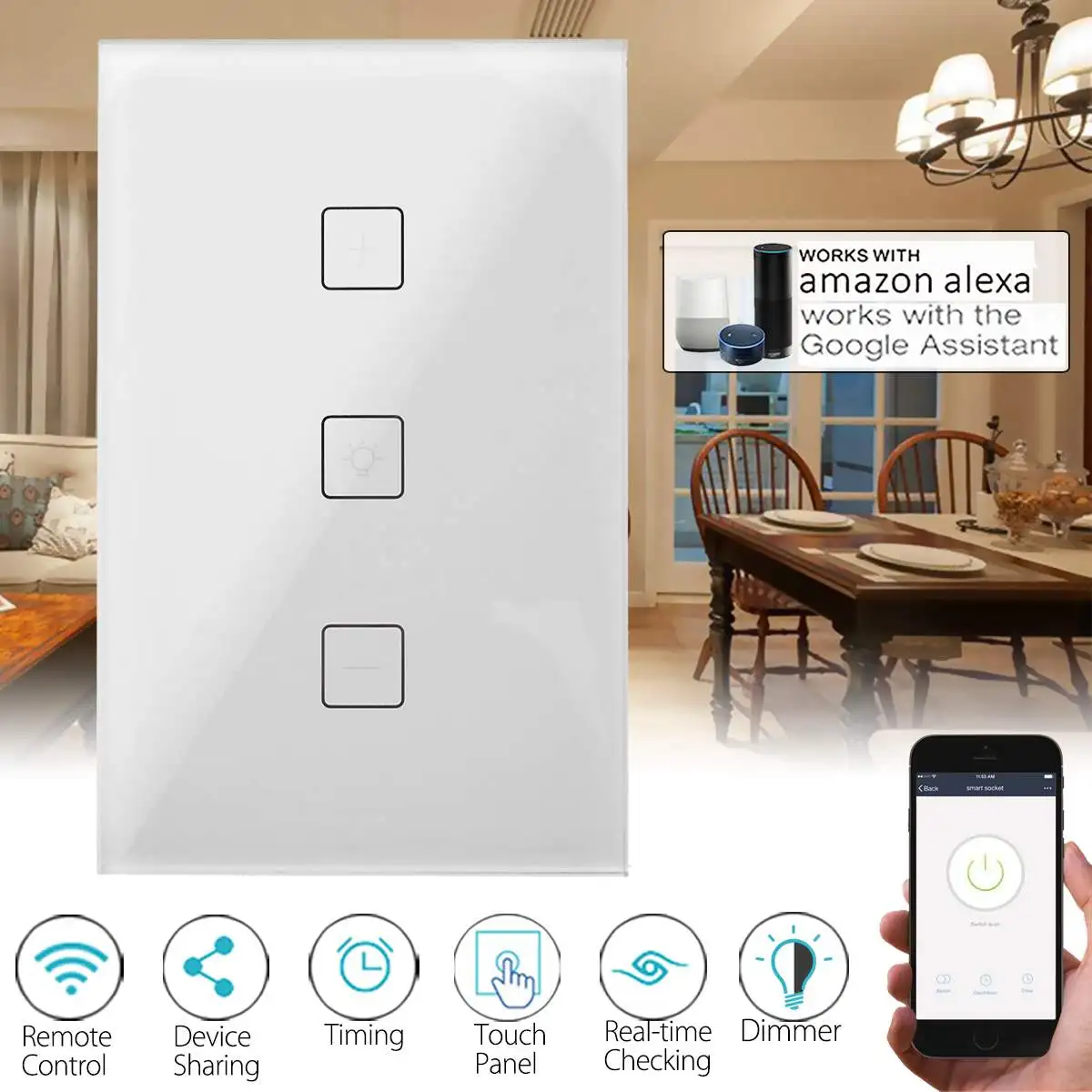 

US Plug 100-240V Dimmer Wi-Fi Smart Touchs Wall Light Switch Panel Automation APP Works with Alexa/Google Home