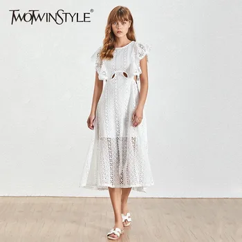 

TWOTWINSTYLE Summer Sexy Sleeveless Ruffle Dress Women O Neck Hollow Out High Waist Dresses Female 2020 Fashion Clothes New