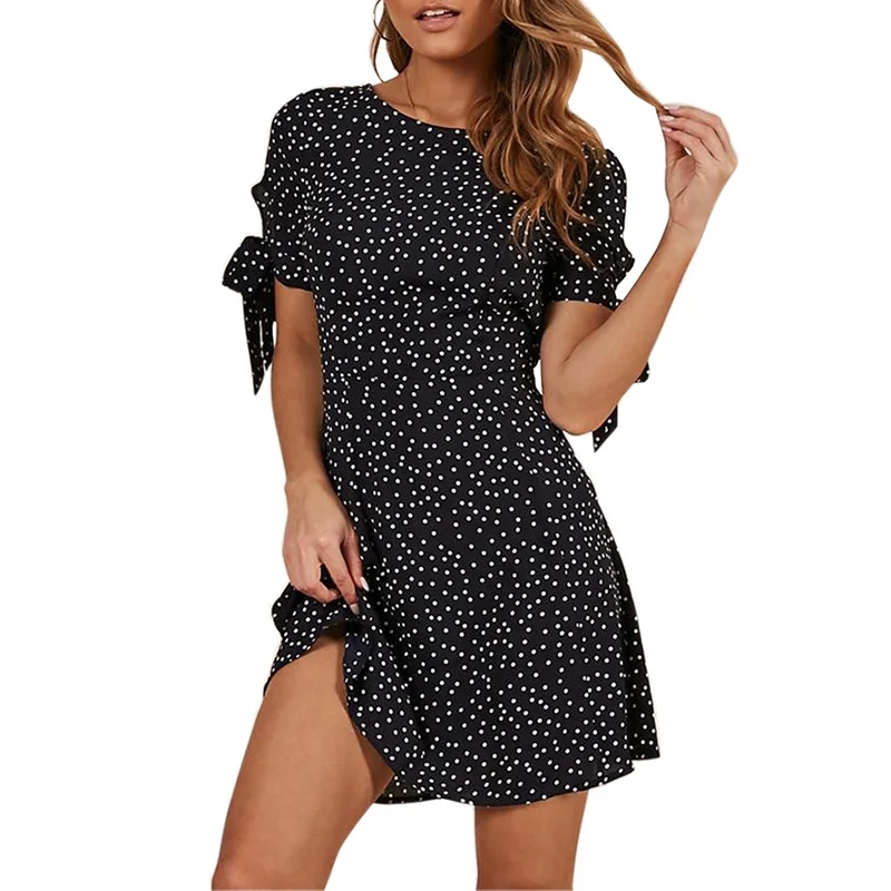 

New Fashion Women Chiffon dresses Summer classic polka Dot Print Short Sleeve Lace Short Mini Dress elegant bowknot dress