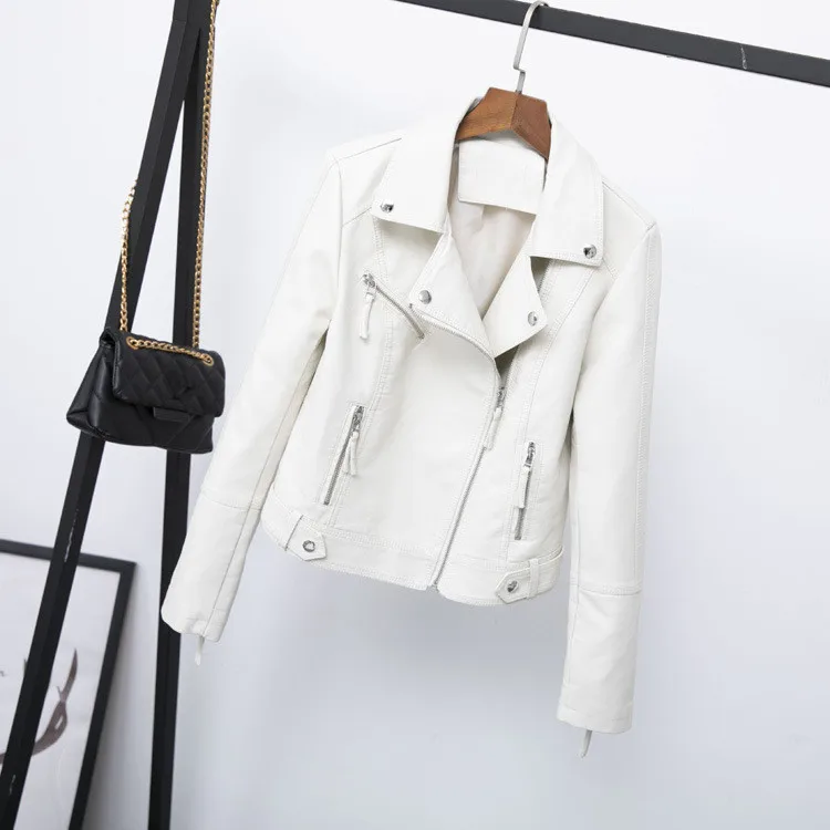 

Spring 2019 Women Turn-down Collar Short PU Leather Coat Fashion Long Sleeve Zipper Pu Jacket Slim Solid Outerwear