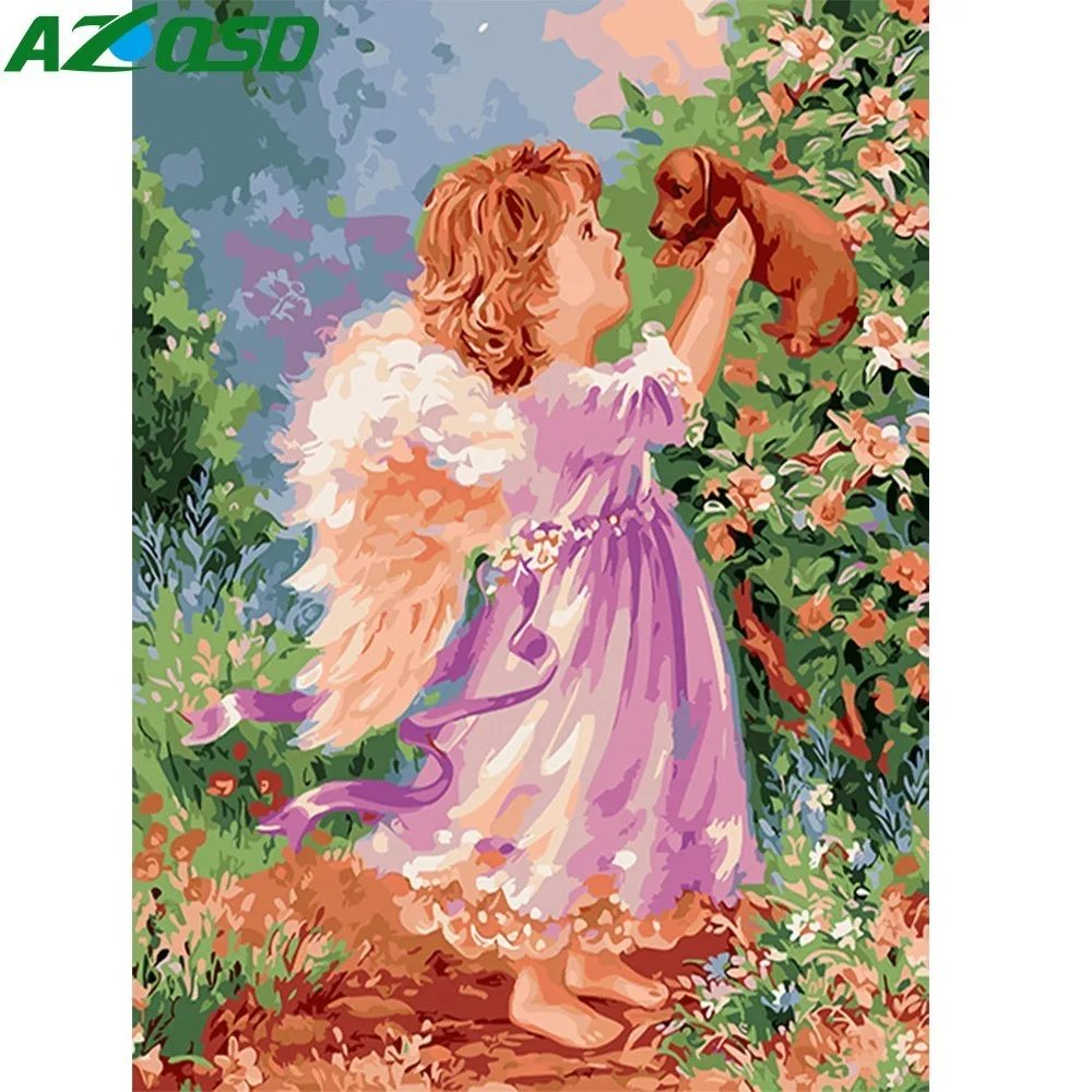 

AZQSD Oil Painting Children Painting By Numbers Girl And Pets Dog Paint Canvas Picture DIY Hand Painted Modern Home Decor