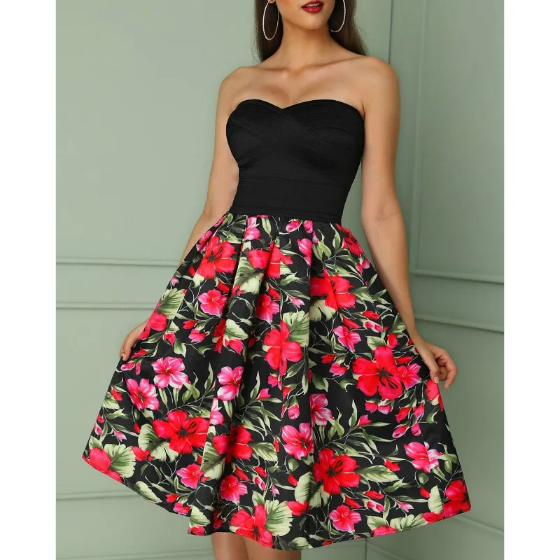 

hirigin Women Strapless Floral Dress Backless Back Zipper Party Formal A-Line Mini Dress