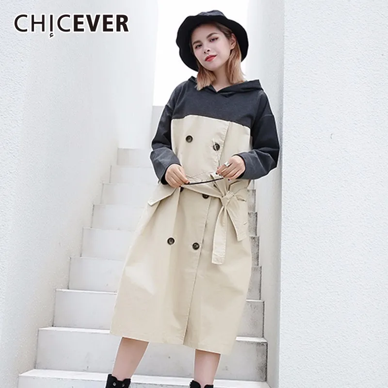 

CHICEVER Autumn Dress Female Loose Oversize Hooded Patchwork Waist Lace Up Hem Split Dresses For Women 2019 Fashion Tide New