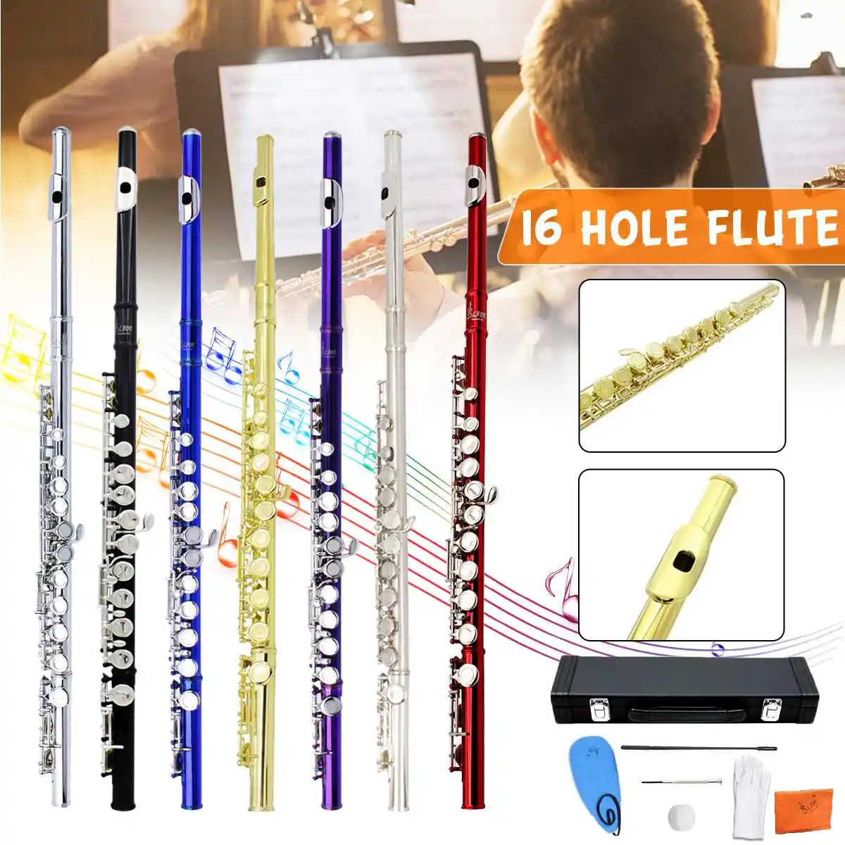 

Western Concert Flute Cupronickel Plated Silver 16 Holes C Key Woodwind Instrument with Gloves Mini Screwdriver Padded Case