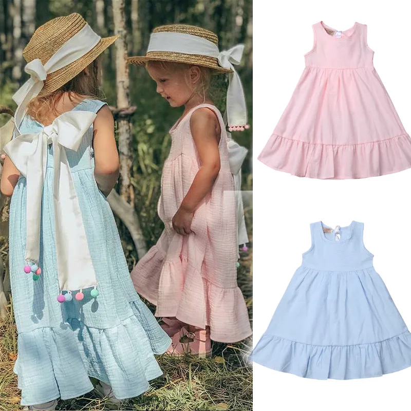 

2019 Kids Baby Girls Dress Summer Sleeveless Ruffle Bow Dresses Boho Sundress Casual Children Baby Clothing