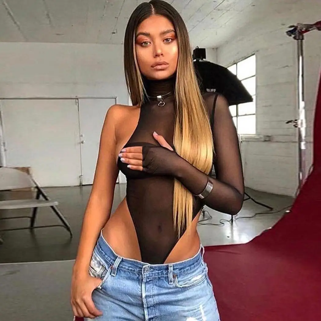 Для женщин модные однотонные See Through One повседневное Лето плечо сетки Лонгслив под