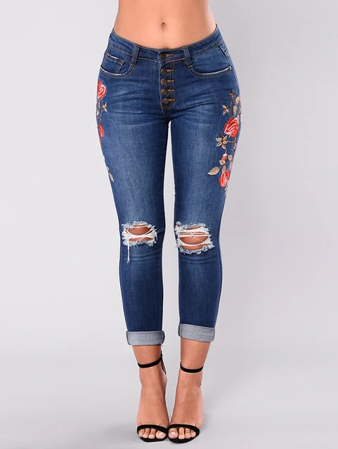 Wipalo Womens High Waisted Embroidered Skinny Destroyed Ripped Hole ...