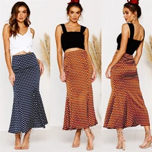 Женские винтажные юбки в стиле бохо на пуговицах, летние Стрейчевые Облегающие расклешенные юбки в горошек с оборками, Женская Праздничная юбка длиной до щиколотки, Vestidos