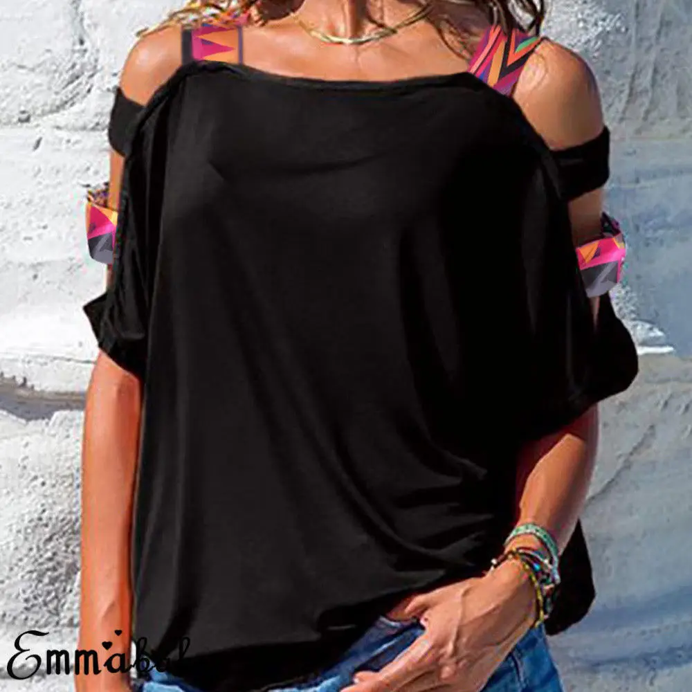 

Women Cold Shoulder Geometric Casual Loose Summer T-Shirt Short Black