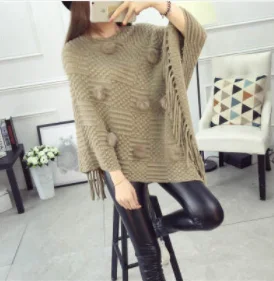 2019 Women Spring Autumn Knitted Sweater Poncho Coat Solid Elegant Pullover Jumper Irregular Tassel Hem Cape Cloak Pull Femme