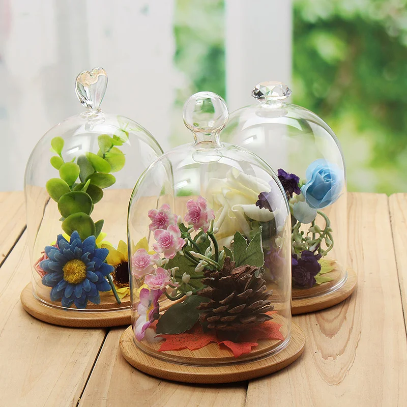 DIY Empty Clear Glass Flower Display Case with Round Cork Base for