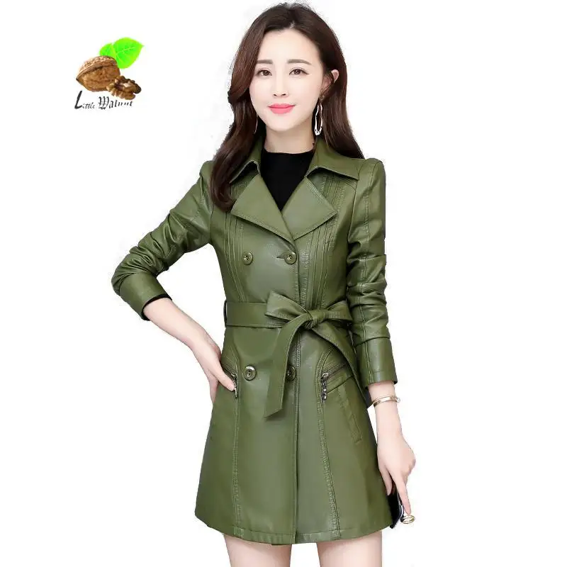 2019 New Women Spring Genuine Leather Long Lady Turn-down Collar Double Breasted Slim Plus Size Trench Windbreaker