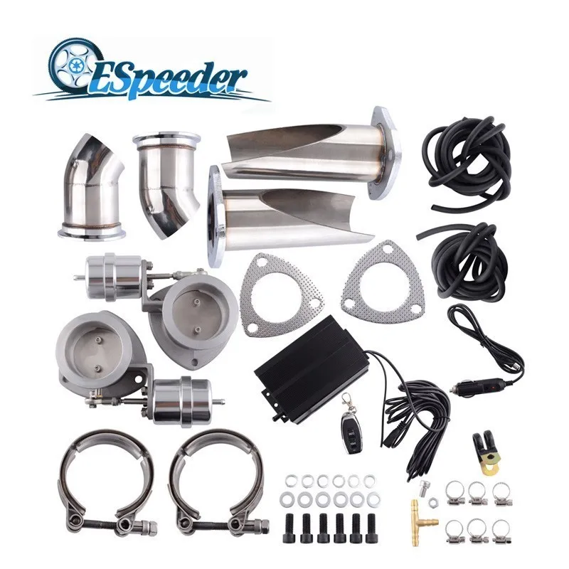 

ESPEEDER 2.5'' Stainless Steel Exhaust Cutout Headers B-Cut Pipe Catback Pair Vacuum Valve Electric Tip Muffler Kit Cut Out