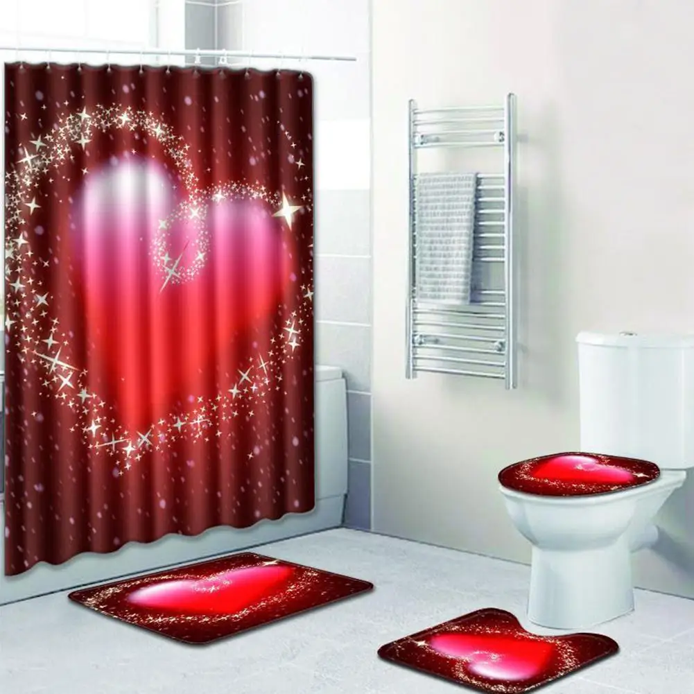 

Adeeing 4Pcs/Set Love Theme Non-Slip Home Toilet Pad Cover Bath Mat Shower Curtain Set for Valentine's Day