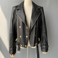 Куртка из натуральной кожи, женская модная классическая куртка на молнии, пальто с поясом, черные женские Куртки из натуральной кожи для женщин