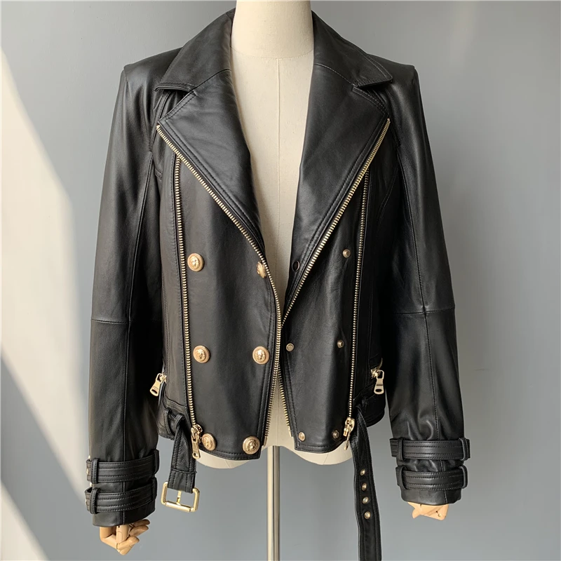 

Real Leather Jacket Women Fashion Classical Zipper Jacket Coat with Belt Black Women Ladies Genuine Leather Jackets Female