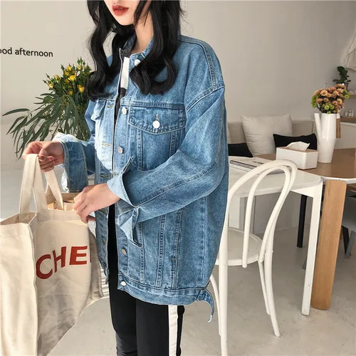 

2019 Korean Jeans Crop Jacket For Women Loose Harajuku Lady Coats Female Casual Blue Street Outwear Denim Spring Long Sleeve