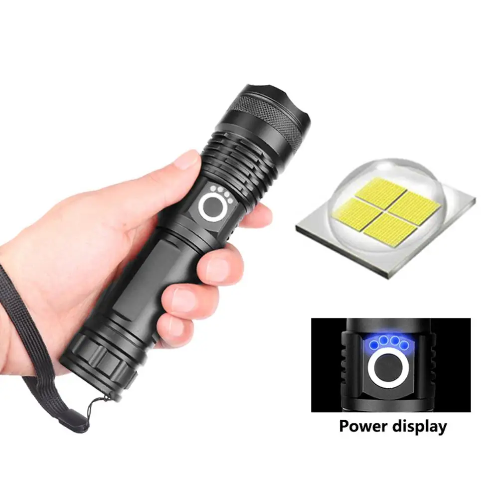 LED XHP50 Telescopic Focusing Flashlight High Light Torch with Power Displayin LED Flashlights